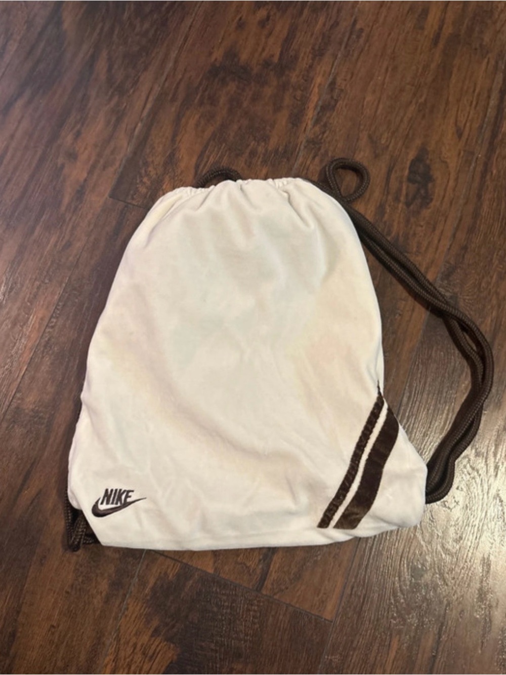 Y2K Nike velour White Drawstring Backpack with Brown Accents